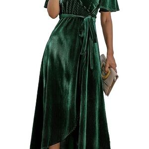 Simplee Apparel Green Flutter Sleeve Wrap Dress